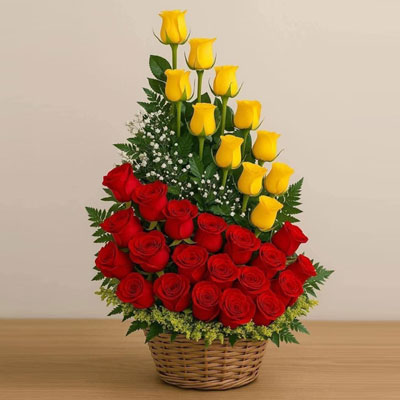 "Yellow N Red Roses Flower Arrangement - Click here to View more details about this Product